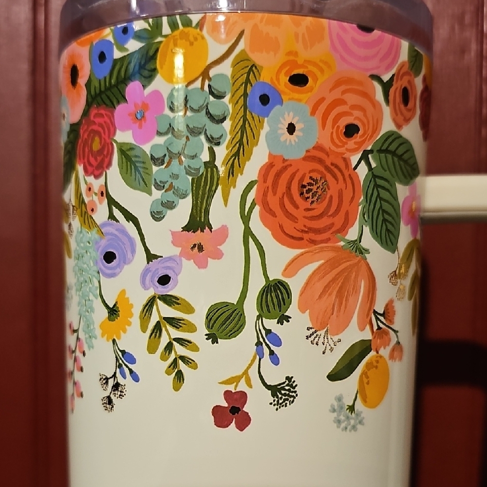 Rifle Paper Co. Floral Cream Tumbler with Handle, With 5 Pk Metal Straws - Picture 2 of 4